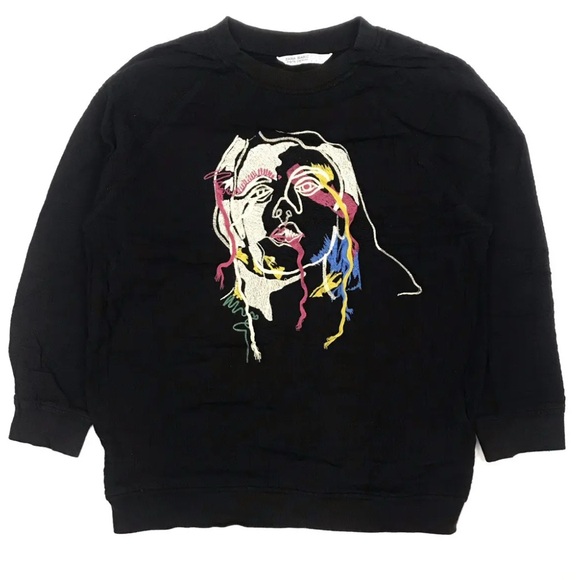 Zara Tops - Zara Abstract Art to Wear Black Sweatshirt Embroidered Face Size Medium